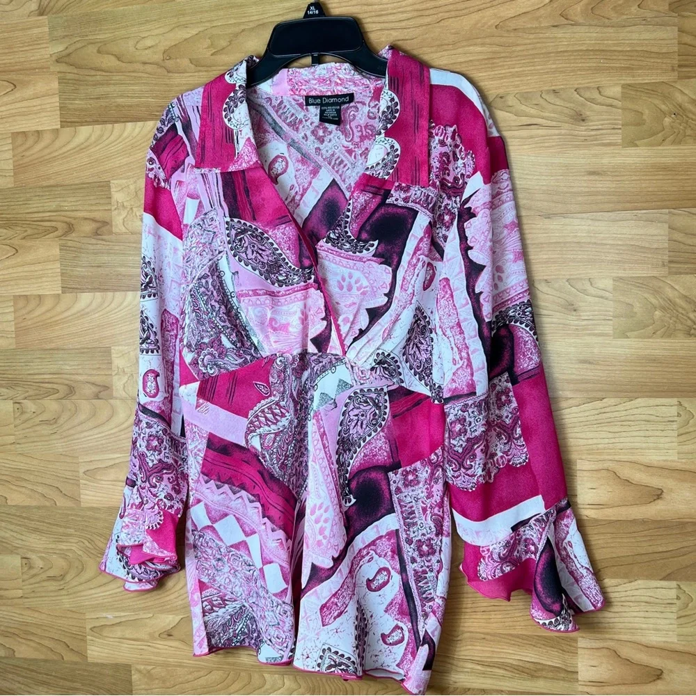 Blue Diamond XL Sheer Surplice Peplum Style Top with Bell Sleeves Pink &… - Picture 1 of 9
